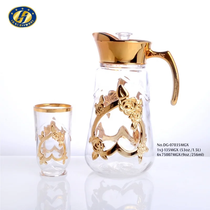 

7Oz Tumbler+1.4L Jug Heart Design Golden 7 Pcs Glass Jug Set Drinking Glass Set Water Glass Set With Jug