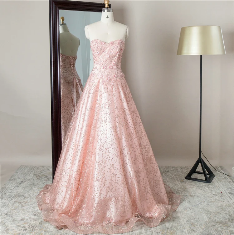 

Wholesale high quality fancy sweep train handmade strapless beading florar ladies prom dress