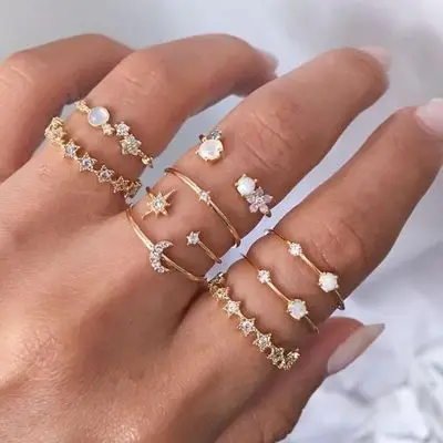 

9Pcs Set Jewelry 18k Gold Plated Micro Pave CZ Zircon Moon Rings Rhinestone Crystal Moon Star Finger Ring Set For Women