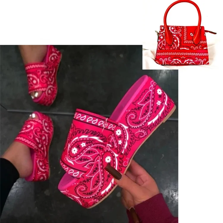 

New designs bandana sandals summer holiday bags and sandals set for women, Pink,red,white,and black