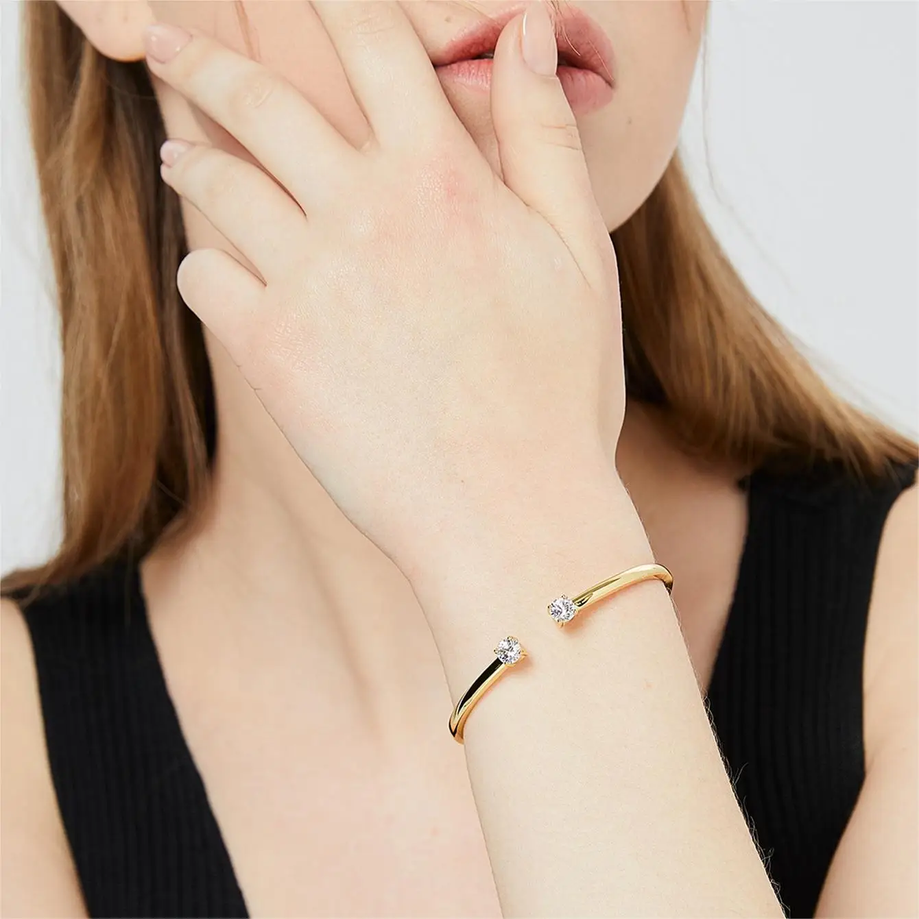 

Minimal double zircon open copper plated 18K gold bangle jewelry