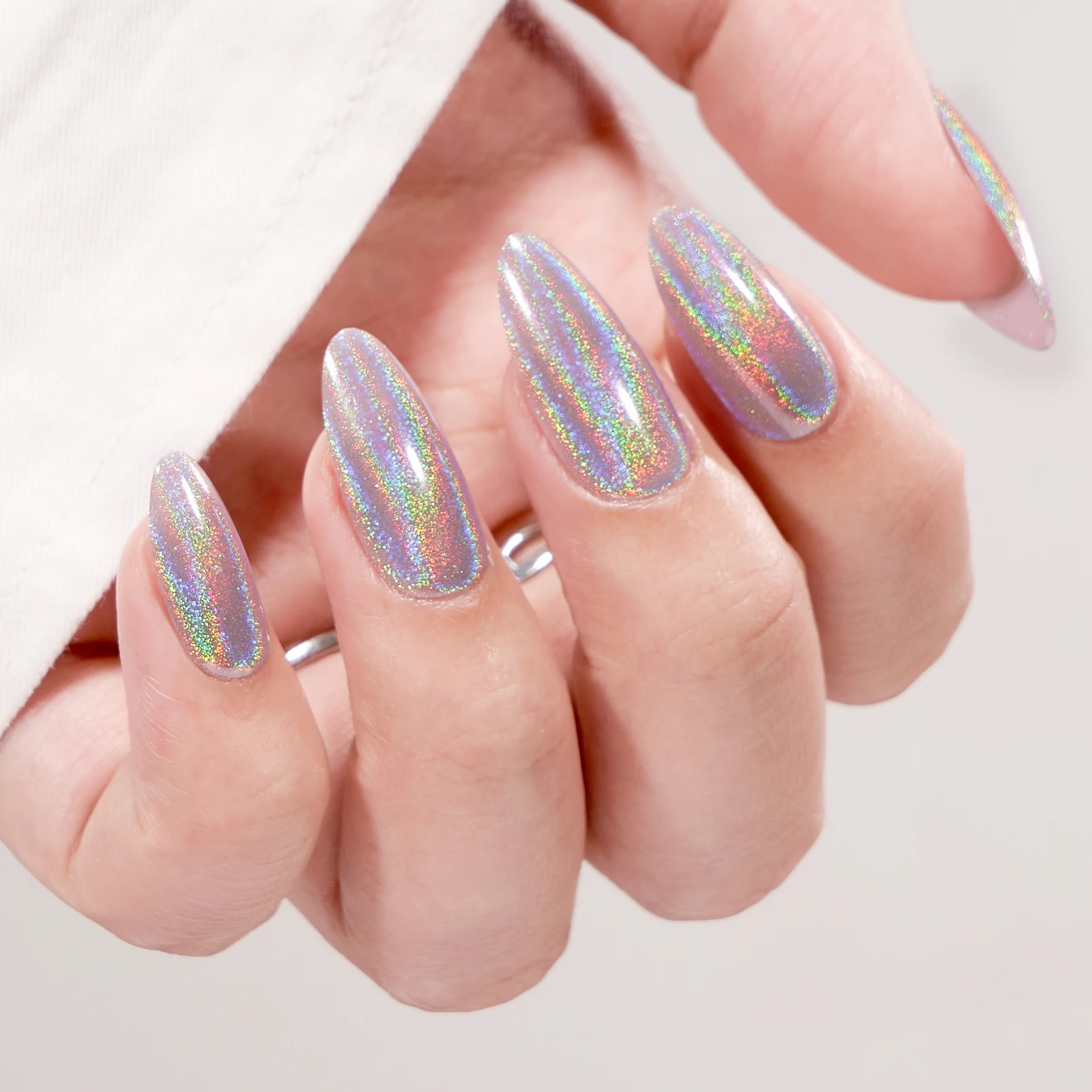 

Extra Long Almond Nail Tips Soft Gel Chorome Holographic Glitter No C Curve Press On Nails Set For Online Seller