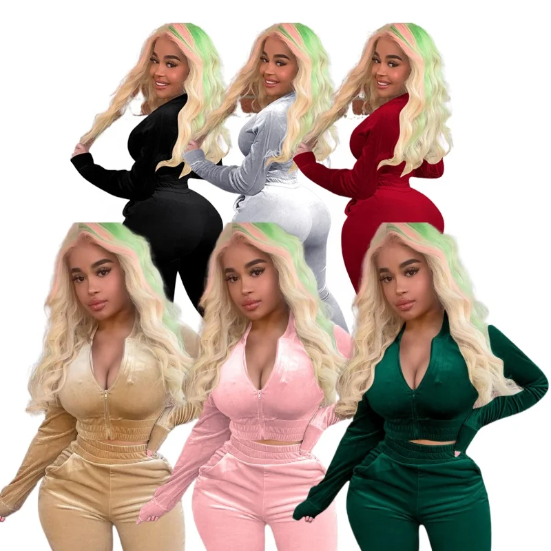 

Solid Plain Tracksuit Women Plus Size Sweatsuit Zipper Tops And Pants Suits Velvet Casual 2 Pieces Outfits Plus Size Tracksuits