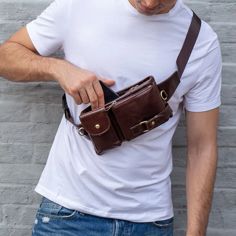 
Drop Shipping 9080 Real Leather Men Cross Body Hiking Waist Bag Retro Outdoor Adult genuine leather Waist Bag 