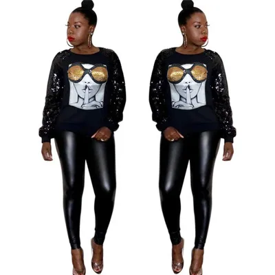 

factory wholesale women fashion casual sequin print stitching long sleeve top female