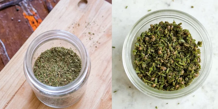 Spice jars of thyme in organized spice rack