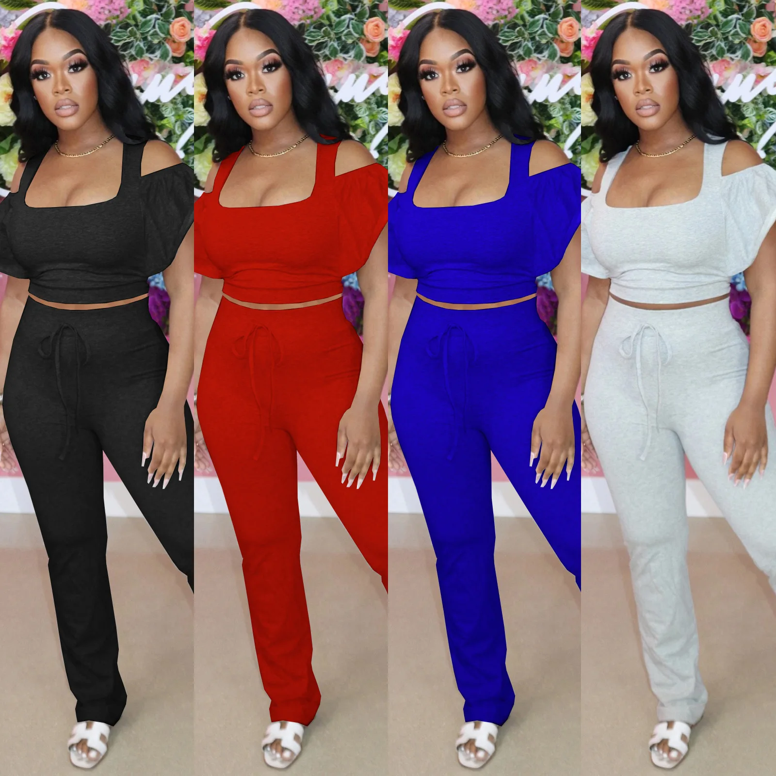 

summer set 2021 designer two piece sets woman sets fashionable casual short sleeve solid color strapless ruffle sleeve trousers, Picture