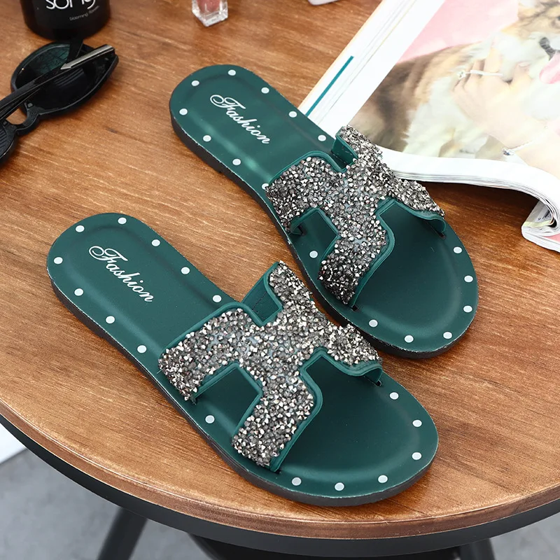 

Women Summer New Fashion All-match H Slippers Rhinestone One-word Slippers Wear PVC Slipper Sheet, 3 colors