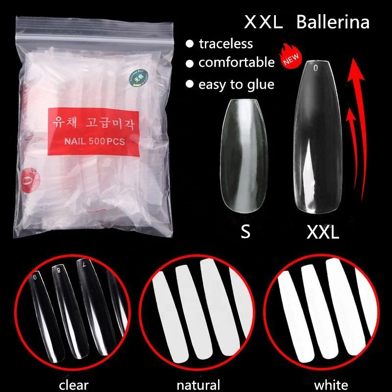 

Ballerina XXL False Nail Tips Traceless 500 Pcs/Pack Clear Nail Art Ballerina Tips NTD008, Clear natural white