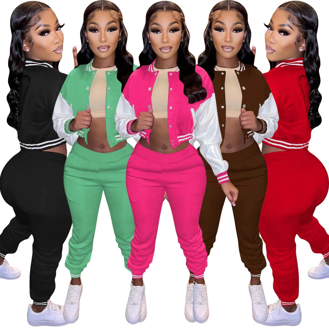 

2022 Cropped Patchwork Blank Letterman Varsity Jacket Set 2pc Baseball Jacket Sweatsuit Set Tracksuit Two Piece Pants Set Women