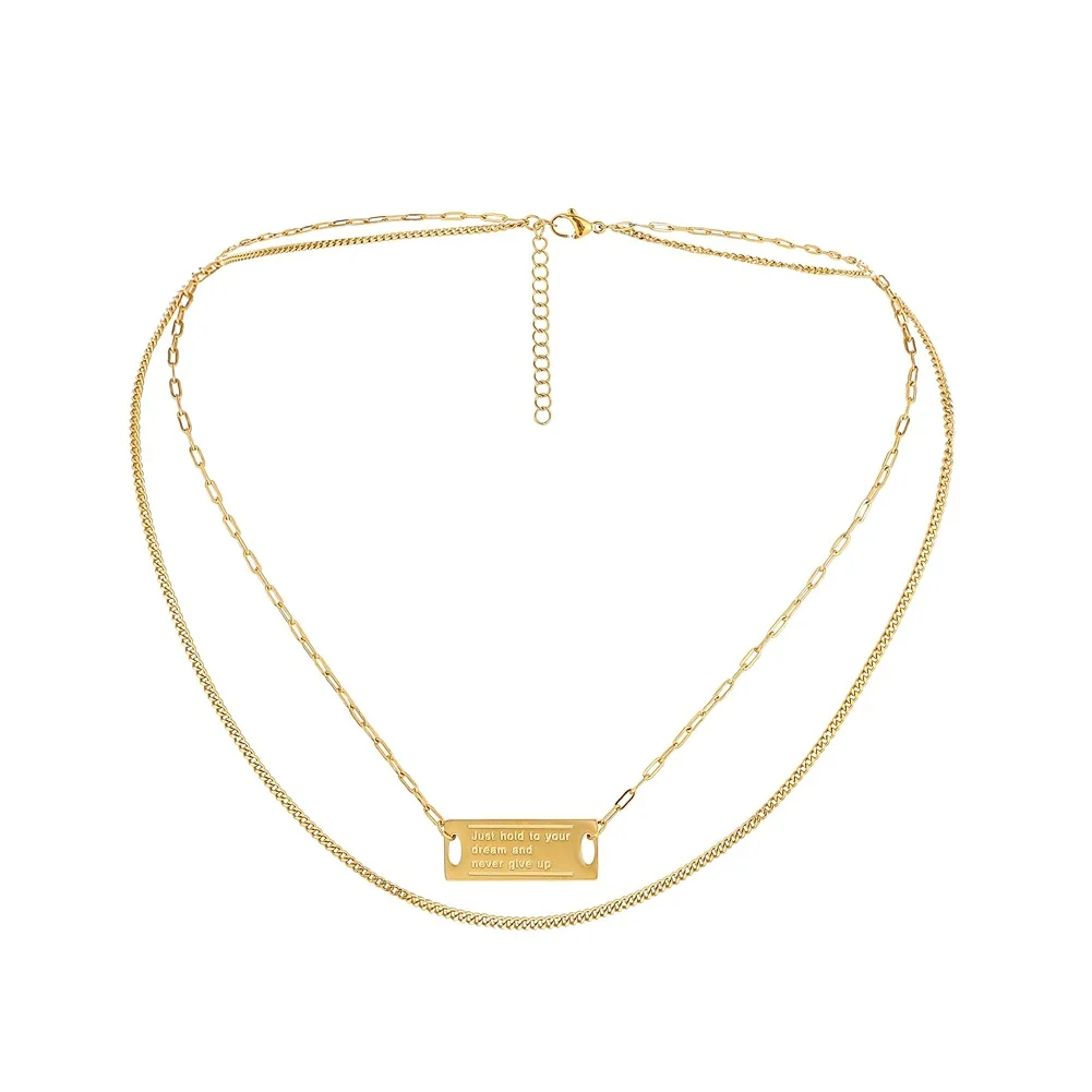 

Fashion 18K Gold Plated Stainless Steel Curb Chain Accessory Jewelry Layered Rectangle Inspiration Word Shield Pendant Necklace