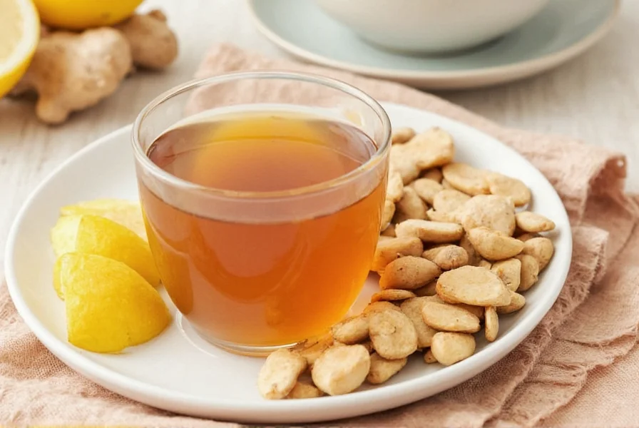 Fresh ginger root slices simmering in a clear glass teapot with steam rising, golden tea color visible, natural lighting