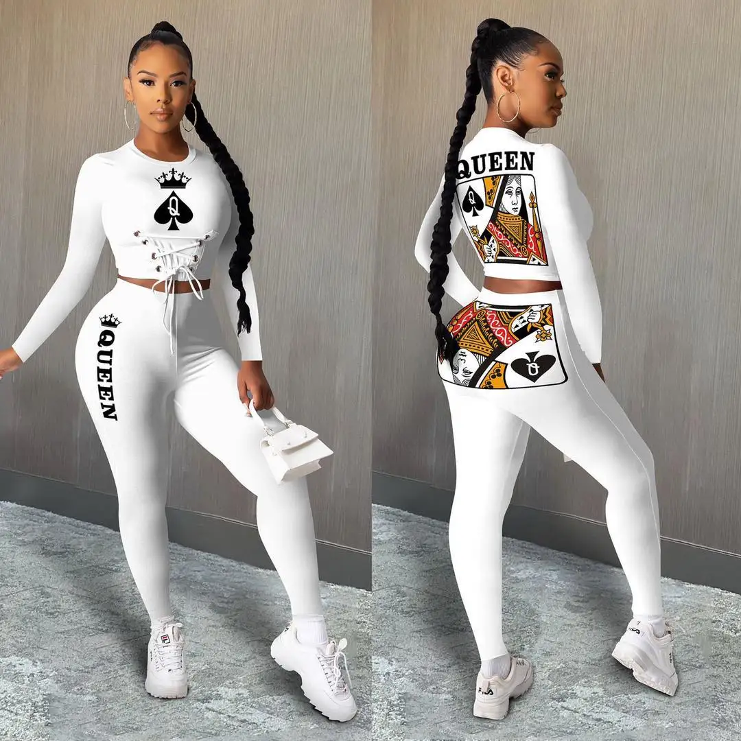 

2020 fall Amazon hot sale tottenham pattern long sleeve crop top with leggings two piece set women clothing plus size, 3 color as picture