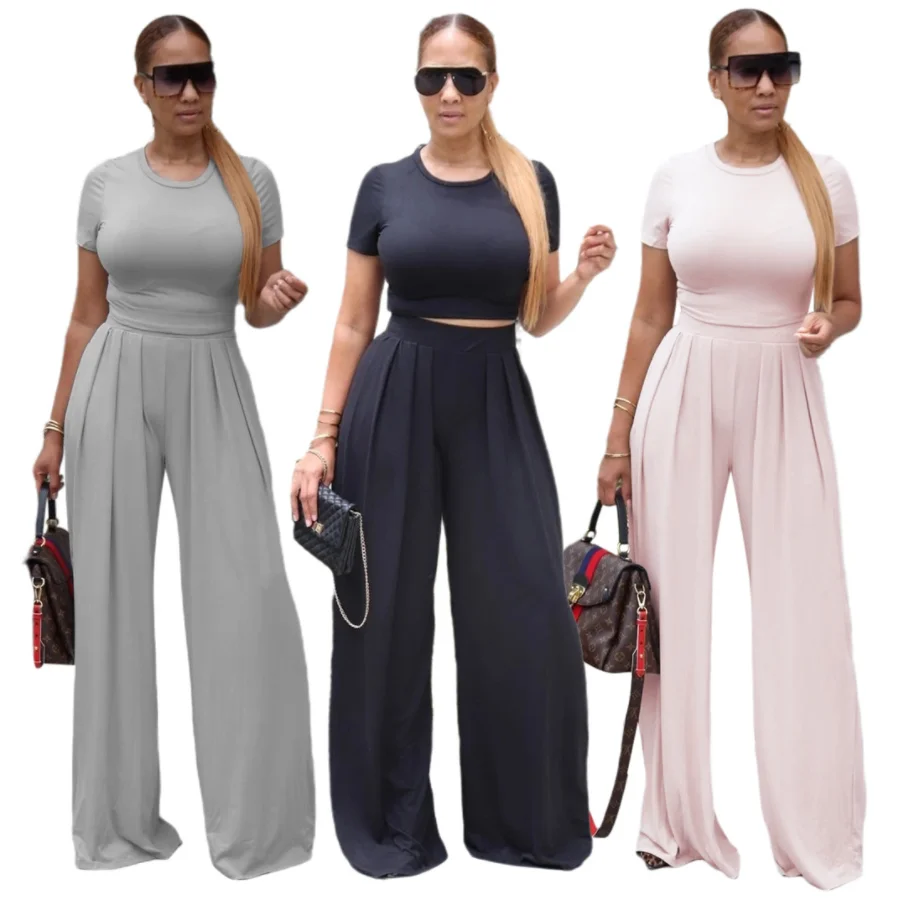 

Wholesale summer casual wide leg pants outfits two piece sets women clothing, Gray,black,beige