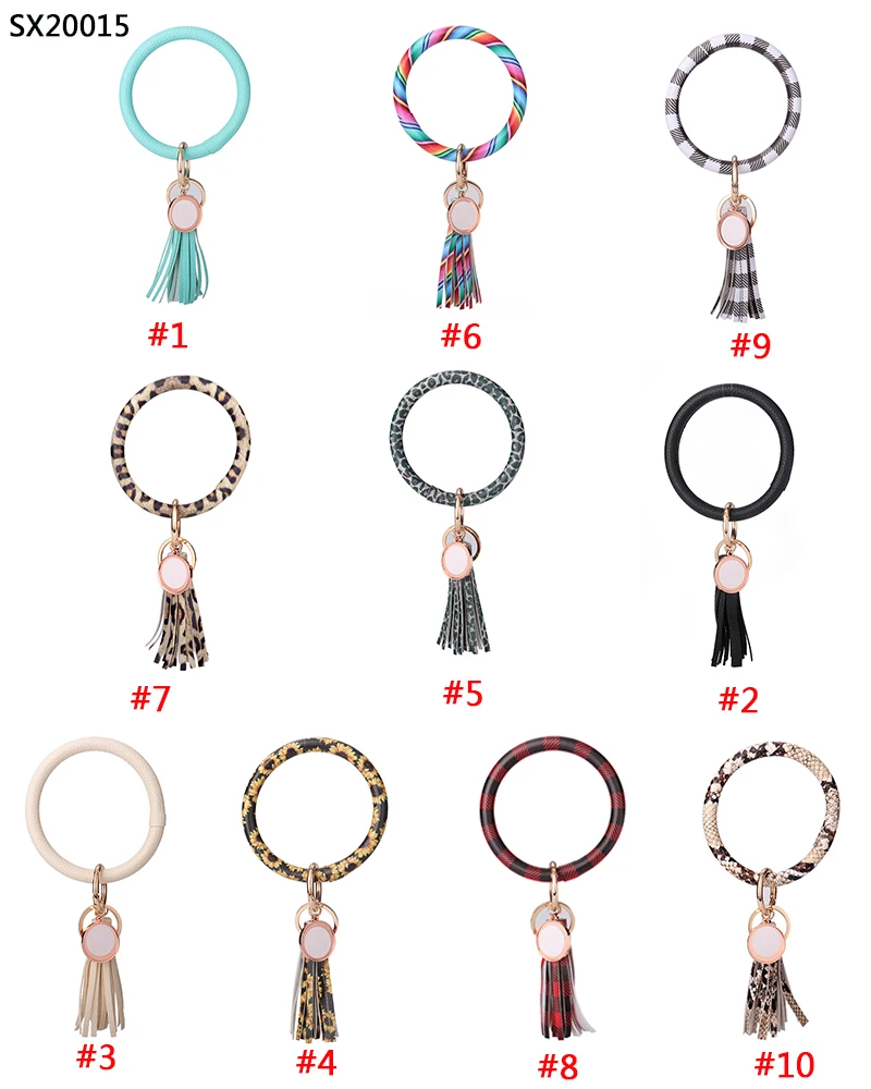 

PU Leather Tassel Keychain Wristlet Key Holder Sublimation Tassel Bangle Bracelet, 10 colors