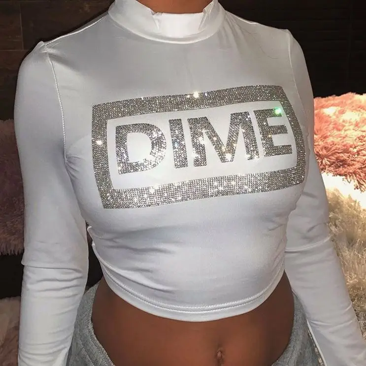 

Women Rhinestone custom crop top Diamond blouse ladies blouse long sleeve T shirt