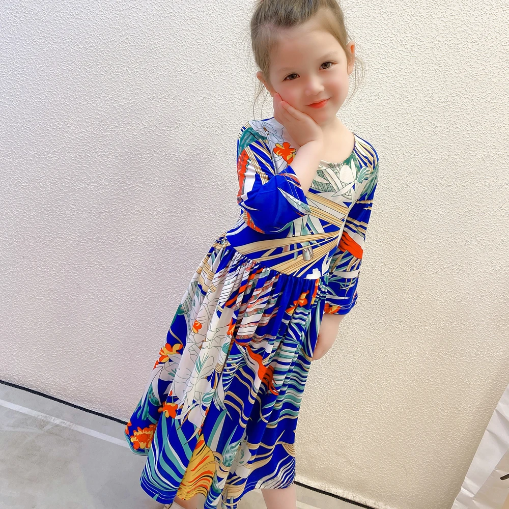 

Daily Life Blue Colorful Printing Long Sleeve Baby Girls Children Dress Fashion Smoking Summer Clothes Kids