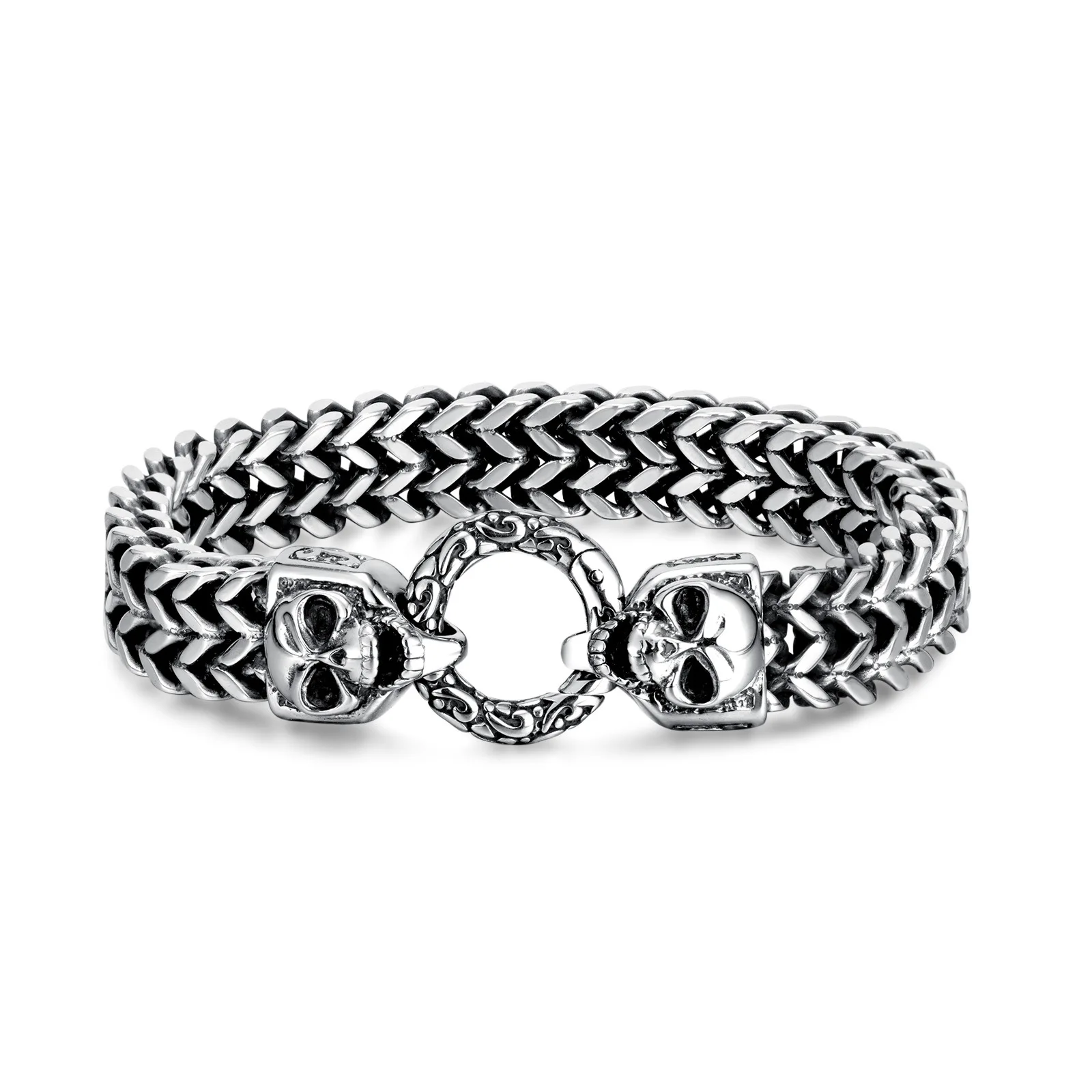 

New Arrival Skull 316L Titanium Steel Silver Figaro Chain Bracelets Mens Stainless Steel Vintage Chain Bracelet For Men Jewelry