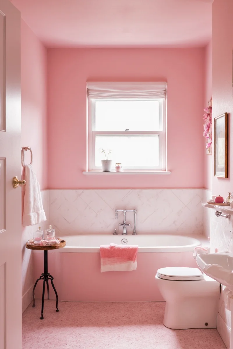 Family-friendly pink bathroom with playful elements and storage solutions