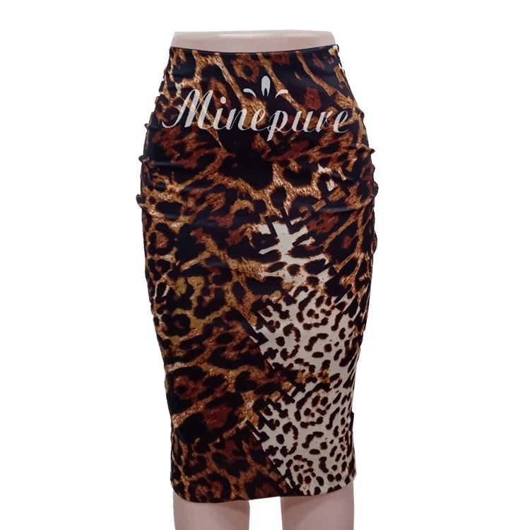 

735# leopard print design knee length elastic waist pencil ladies office skirts, As shown