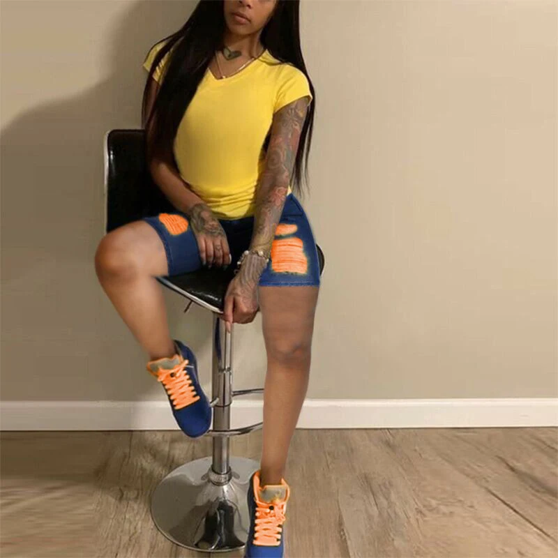 

2020 new style trendy fashion color ripped denim shorts for women