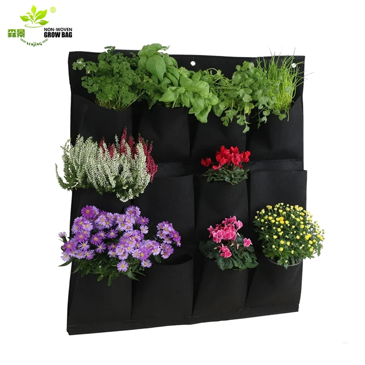 

Best Selling 4 Pockets Fabric Wall For Decorative Plants Wall Hanging Felt Pockets Grow Bag, Black/green