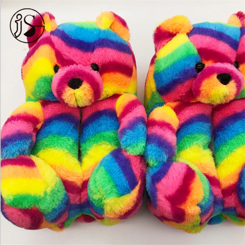

2021 Fashion Cheap Colorful bear indoor slippers fuzzy bear fur slippers comfy teddy bear slides in home bedroom