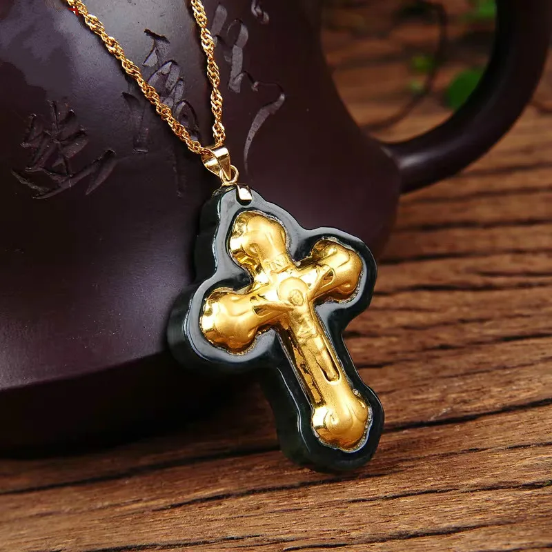 

24K Gold Inlaid Hetian Jade Dark Green Cross fashion necklace Salvation of life