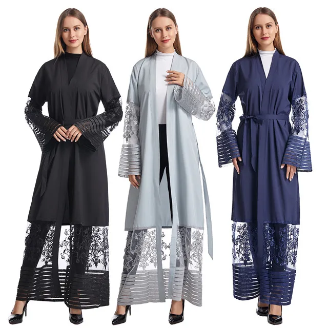 

2021 modern muslim wear lace Islamic clothing maxi dress turkish UAE embroidery latest stylish dubai open abaya kimono kaftan