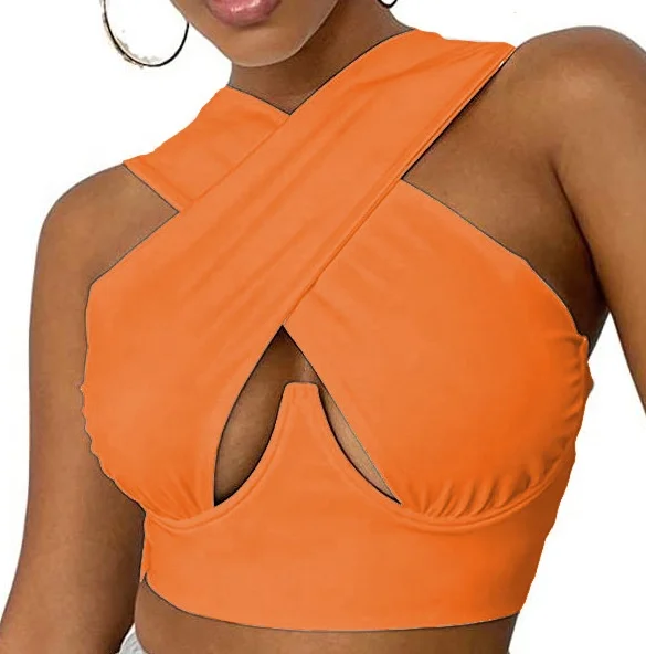 

LW-HFJ10 Hollow out halter cross chest sexy club design summer women crop top shirt, Same as picture or customized make