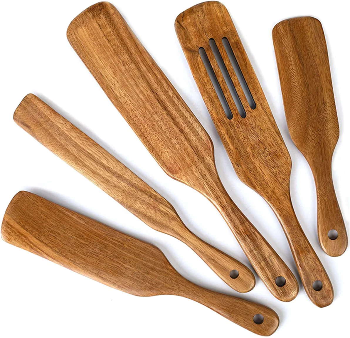 

5 pcs Non-Stick Utensils Tools Durable Natural Teak Slotted Stirring Spatula Kitchen Cookware Wooden Spurtle for Cooking