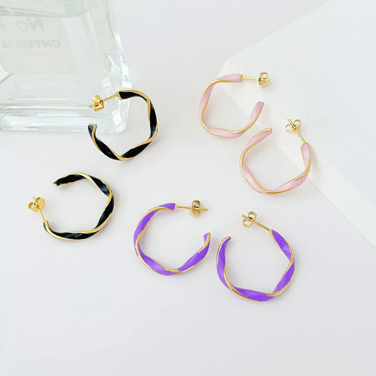 

Luxury Stainless Steel 14k Gold Plated Ear Stud Earrings Colorful Enamel C Shape Design Earrings for Women Gift