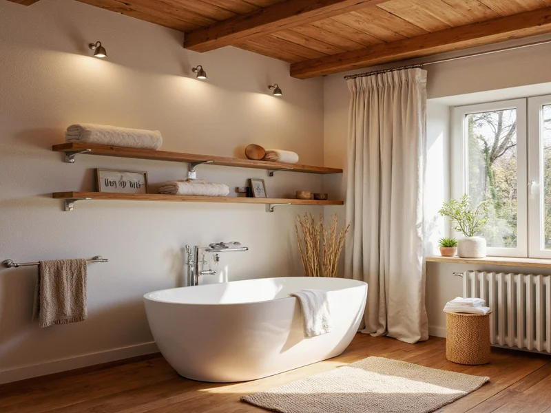 Rustic bathroom with linen curtains, cedar shelves, and warm lighting