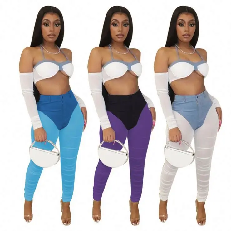 

HEBE Newest Design Mid Waist Denim Mesh Patchwork Summer Trendy Long Trouser Women Casual Sheath Pants
