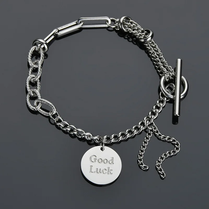

Ins retro round pendant chain bracelet Korean personality OT button Good Luck letters titanium steel bracelet (KSS273), Same as the picture