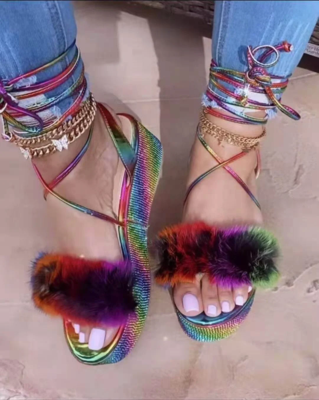 

2022 new style thick-soled rhinestone foot ring straps colorful turkey feather color sandals women, 3 colors