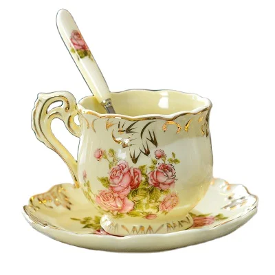 

European fashion gold creative wedding gift bone china ceramic coffee cup with dish spoon
