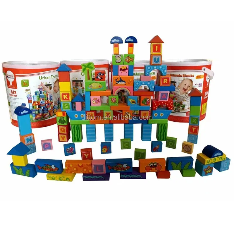 100pc Wooden Smart Town Blocks toys DIY Farm Animal Xylary Blocks toys for kids