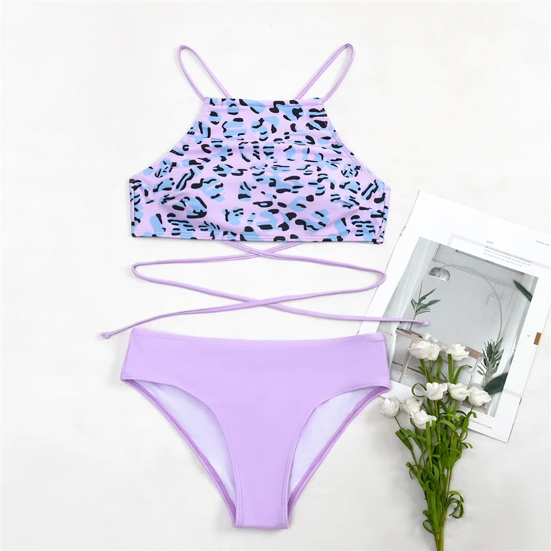 

Girls Purple Print Bikini Set 2021 High Neck Crop Top Bikinis Push Up Swimsuit Swimwear Women Halter Bathing Suits
