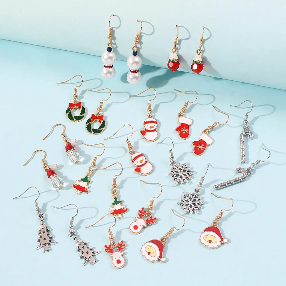 

Amazon New Arrival Gold Plated Snowflake Oil Drip Earrings Piercing Jewelry Christmas Tree Dangle Earrings Set