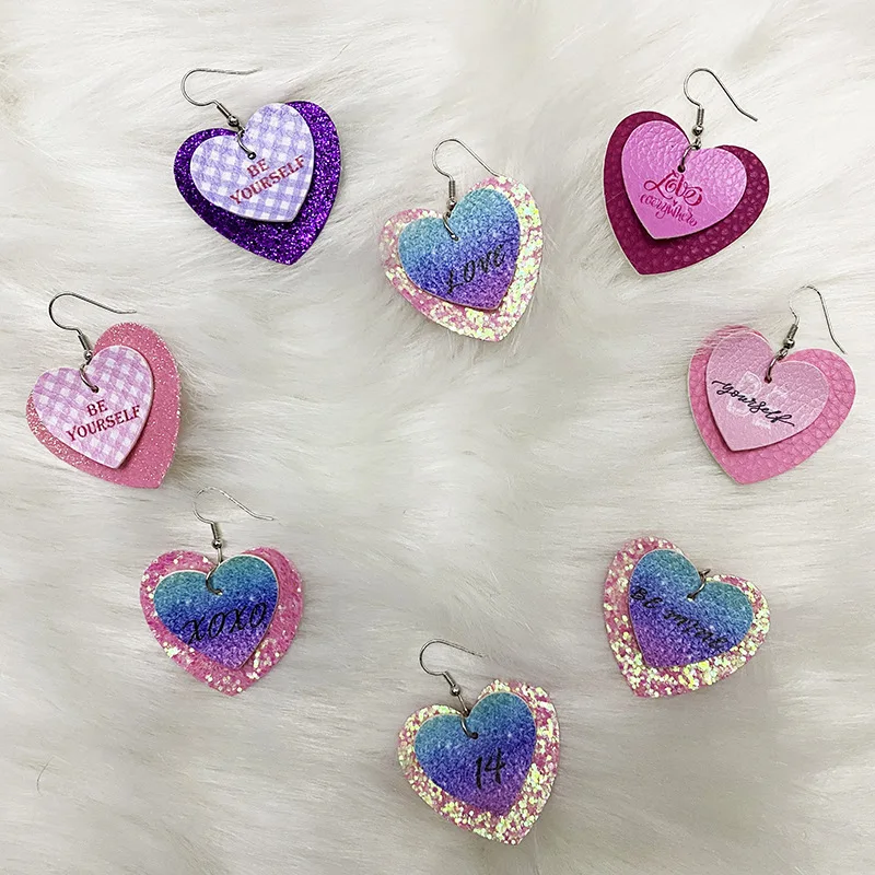 

Valentine Gift Double Layered Glitter Heart Girls Leather Earrings, As the picture show or as request