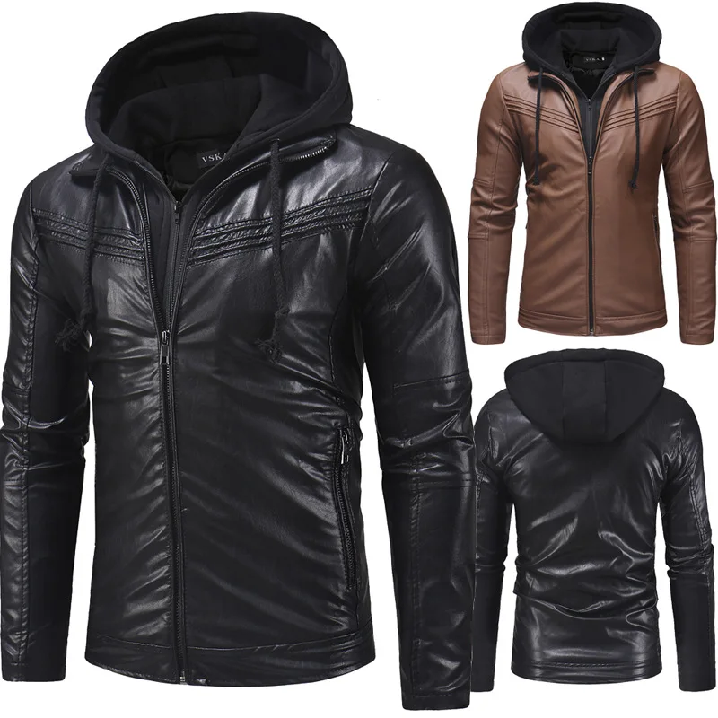 

2021 new mens slim zipper up hoody leather jacket, Different colors and support to customized