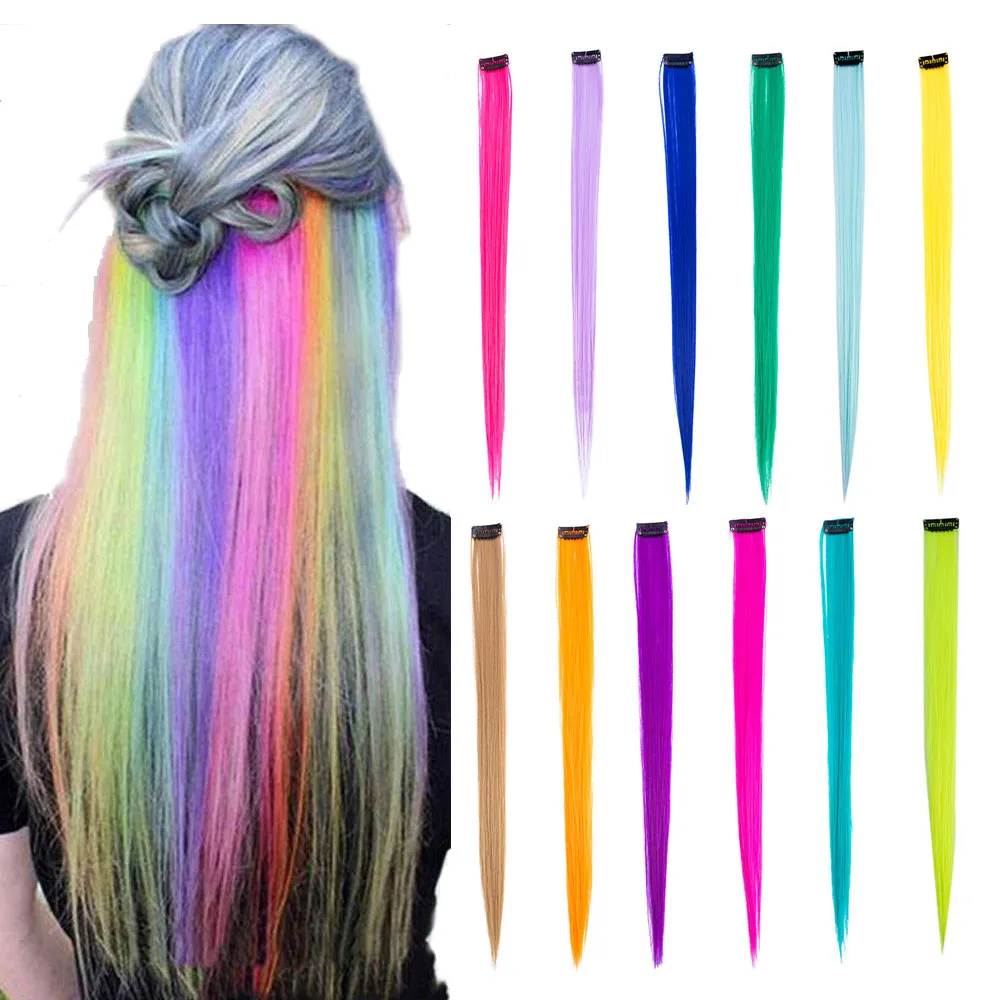 

Wholesale Clip in Hair Extensions Straight Hairpiece Multi-colors Party Highlights Clip in Synthetic Hair Extensions