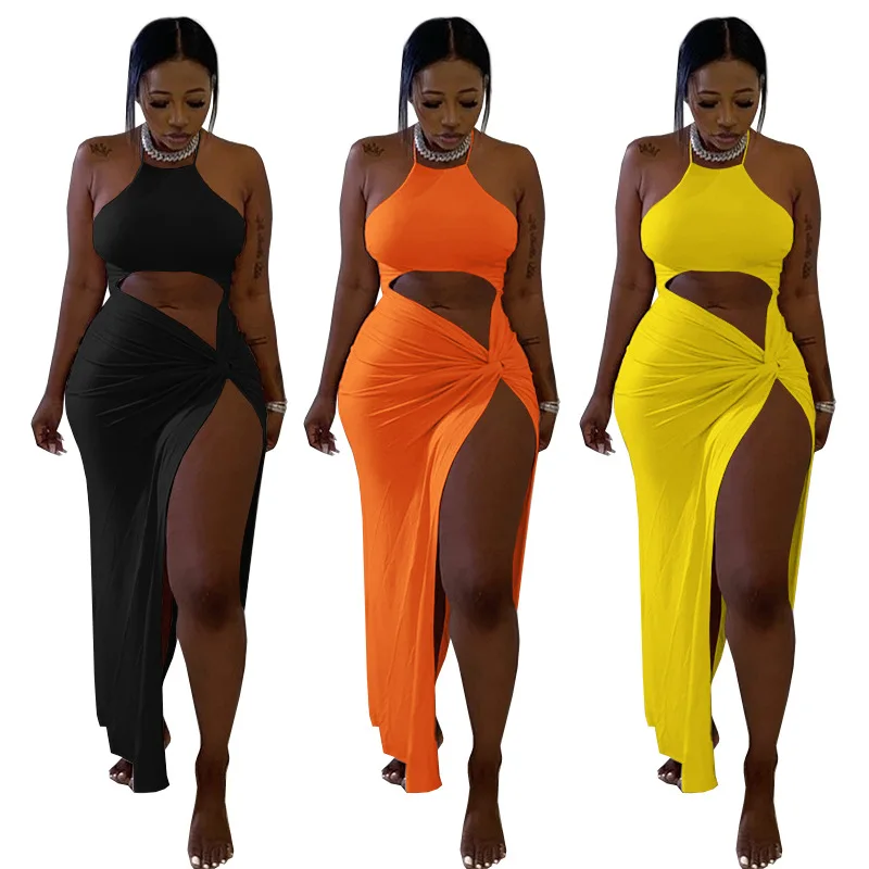

SY9081 Fashion Women's Pure Color Halter Neck Sling Straps Navel Twist High Slit Casual Dress evening dresses linen maxi dress