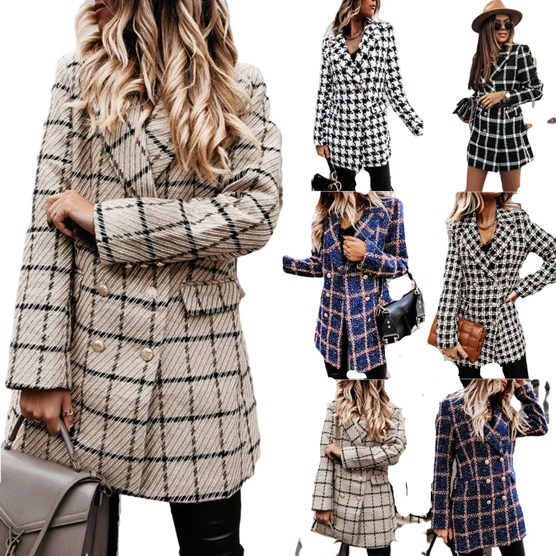

2021 Fall Winter Casual long sleeve suit collar double breasted coat coat Medium Length Printing Coat Fall Women Clothing, Picture