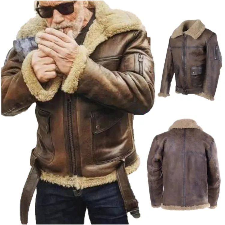 

Mens Bomber Shearling Leather Jacket Aviator Sheepskin Warm filling Biker Style Plus size Leather Jacket
