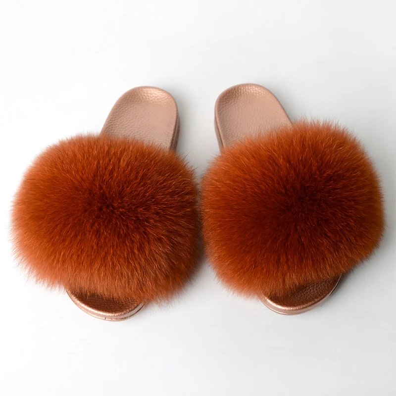 

Jtfur Wholesale Soft Cozy Flip Flops Fashion Fluffy Sliders Women's Plush Fur Slippers with Gold Sole, Customized color