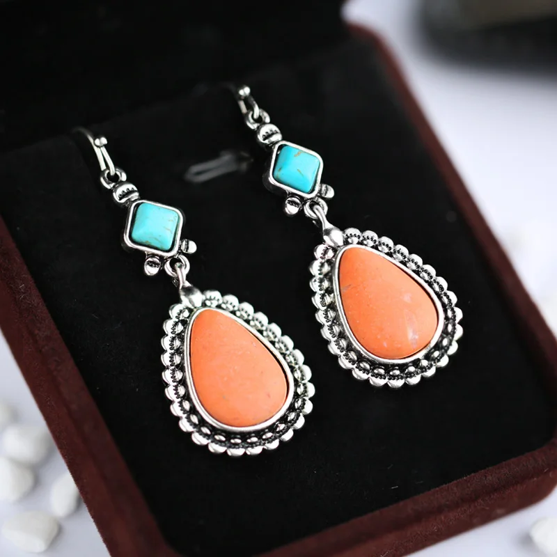 

Huitan Bohemian Earrings Women Water Boho Drop Earring Orange Stone Vintage Stylish Silver Earrings for Women