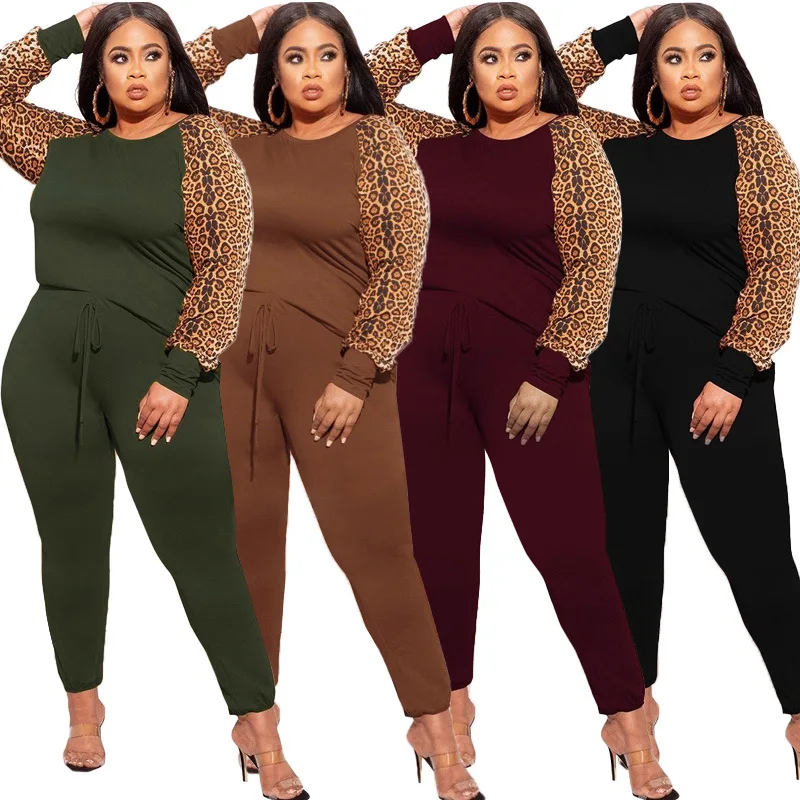 

plus size fall 2021 leopard print hit color fashion casual two piece pants sets