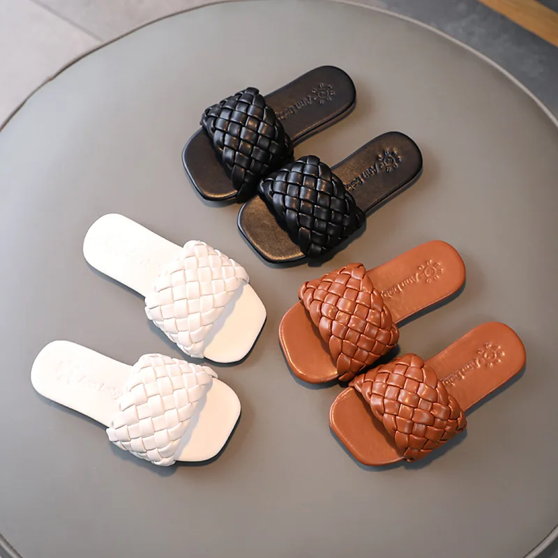 

Summer Fashion Woven Flip Flops Lazy Beach Shoes Slippers Solid Color Breathable Sandals For Children
